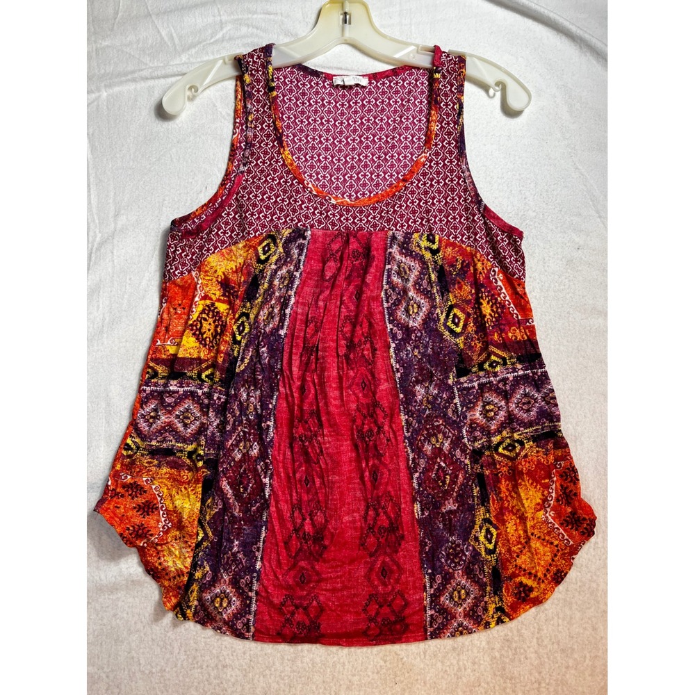 Weston Sleeveless Y2K Print Tank‎ Top Red Peasant Boho Pleated Front Small